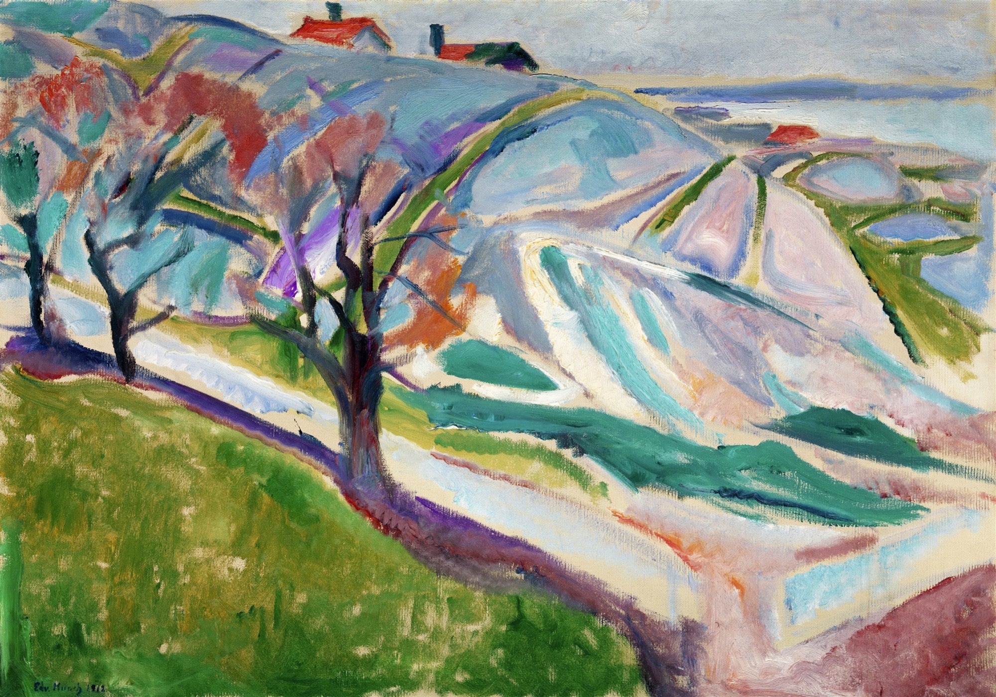 Pintura de paisagem com árvores de troncos escuros, folhagem colorida em tons de vermelho e roxo, e colinas onduladas com casas de telhado vermelho ao fundo, sob um céu claro. A técnica é expressiva, com pinceladas visíveis, criando uma atmosfera vibrante e serena. As cores predominantes são verde, azul, roxo e vermelho.