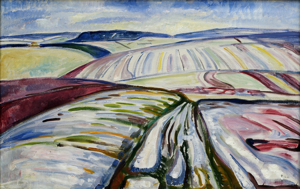 Quadro decorativo 'Campo de Inverno' de Edvard Munch, com paisagem nevada e colinas coloridas, em estilo expressionista.