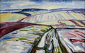 Quadro decorativo 'Campo de Inverno' de Edvard Munch, com paisagem nevada e colinas coloridas, em estilo expressionista.
