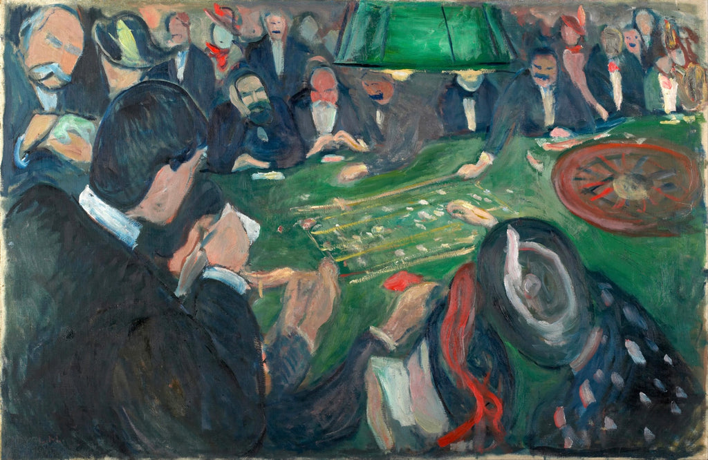 Pintura a óleo de Edvard Munch representando uma cena de cassino com jogadores em torno de uma mesa verde, com uma roleta visível. A paleta de cores é escura com toques de verde e vermelho, e os traços são expressivos.