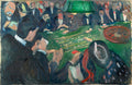 Pintura a óleo de Edvard Munch representando uma cena de cassino com jogadores em torno de uma mesa verde, com uma roleta visível. A paleta de cores é escura com toques de verde e vermelho, e os traços são expressivos.