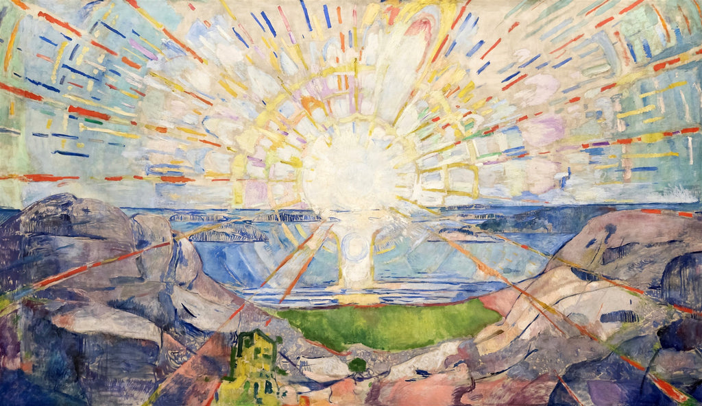 Impressão fine art de 'O Sol' de Edvard Munch, um quadro decorativo vibrante com um sol radiante sobre uma paisagem costeira.