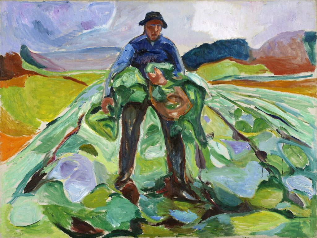 Quadro de Edvard Munch, 'O Trabalhador Rural', mostrando uma figura masculina em um campo verde, colhendo, com pinceladas expressivas e cores vibrantes, céu nublado ao fundo.
