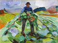 Quadro de Edvard Munch, 'O Trabalhador Rural', mostrando uma figura masculina em um campo verde, colhendo, com pinceladas expressivas e cores vibrantes, céu nublado ao fundo.