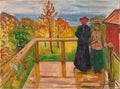 Pintura de Edvard Munch, Duas Mulheres na Varanda, com duas mulheres de costas observando uma paisagem outonal com árvores em tons de laranja e verde, e um céu azul ao fundo.
