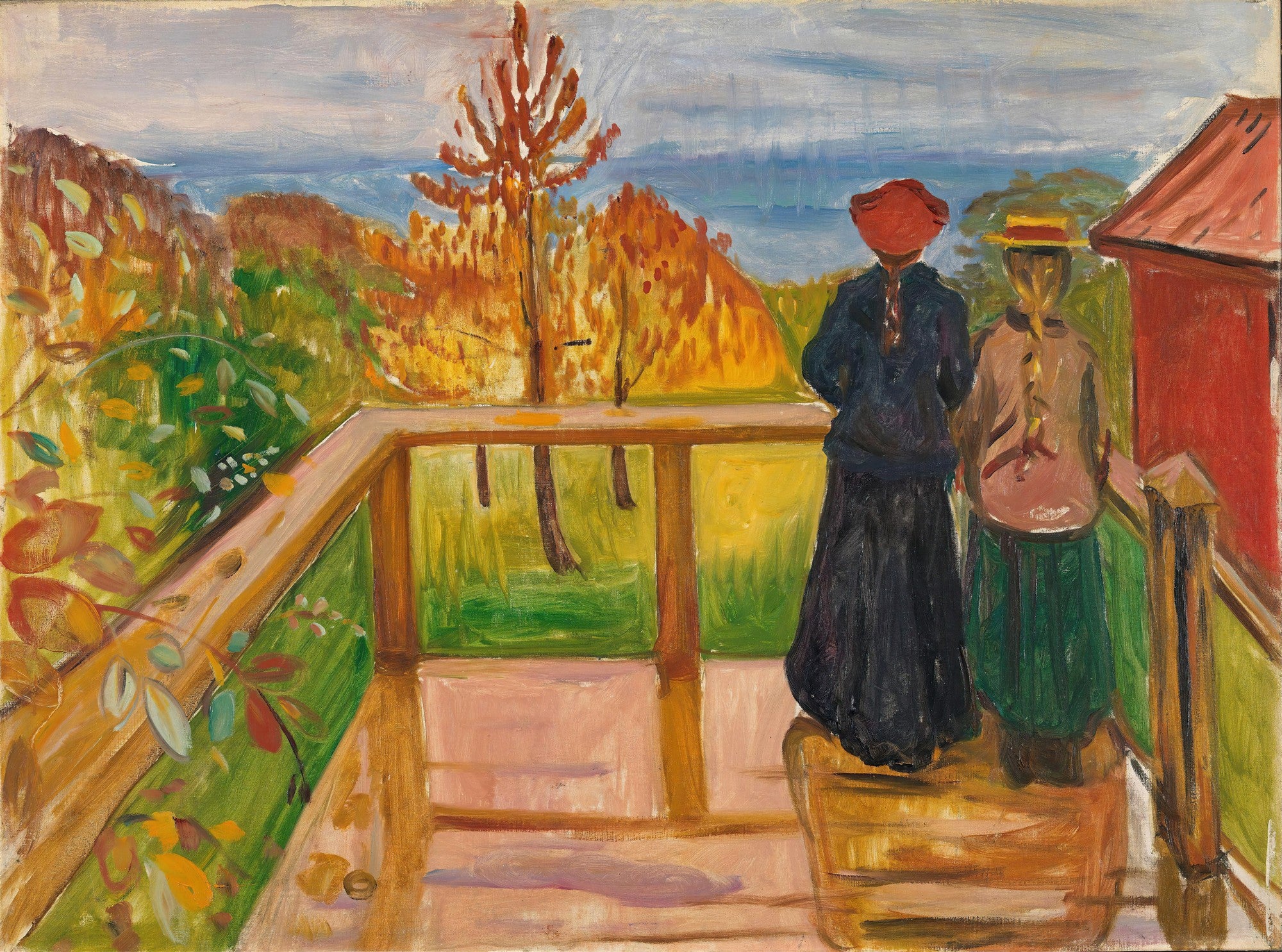 Pintura de Edvard Munch, Duas Mulheres na Varanda, com duas mulheres de costas observando uma paisagem outonal com árvores em tons de laranja e verde, e um céu azul ao fundo.