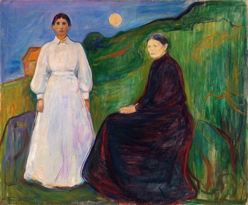 Quadro decorativo com pintura de Edvard Munch, 'Duas Mulheres na Praia', mostrando duas mulheres, uma em vestido branco de pé e outra em vestido escuro sentada, em um cenário natural noturno com montanhas verdes e uma lua cheia. A arte possui pinceladas expressivas e cores intensas.