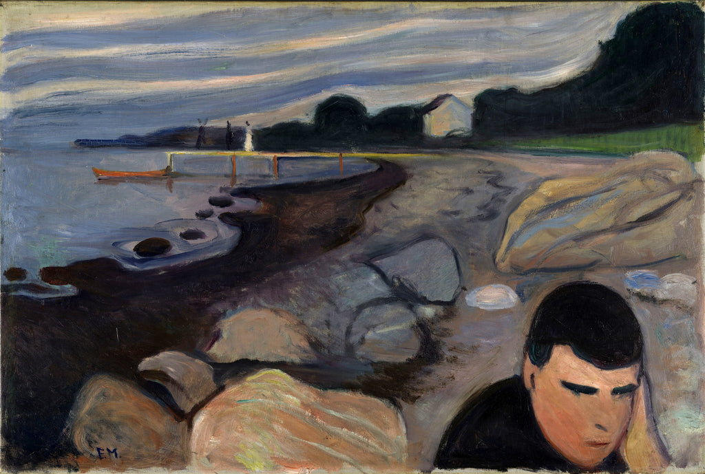 Quadro decorativo Melancolia (Laura) de Edvard Munch, com figura melancólica em primeiro plano, paisagem costeira e mar ao fundo, em tons de azul e cinza.