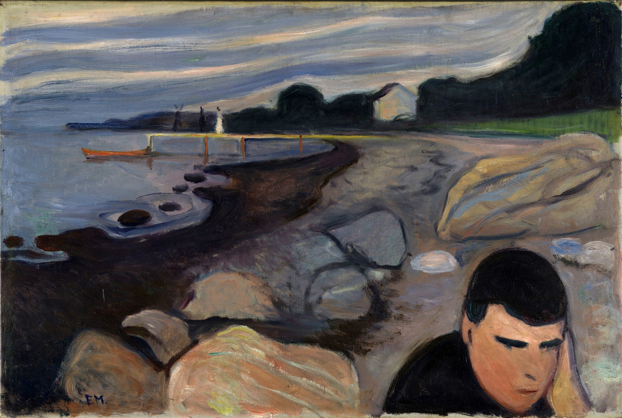 Quadro decorativo Melancolia (Laura) de Edvard Munch, com figura melancólica em primeiro plano, paisagem costeira e mar ao fundo, em tons de azul e cinza.