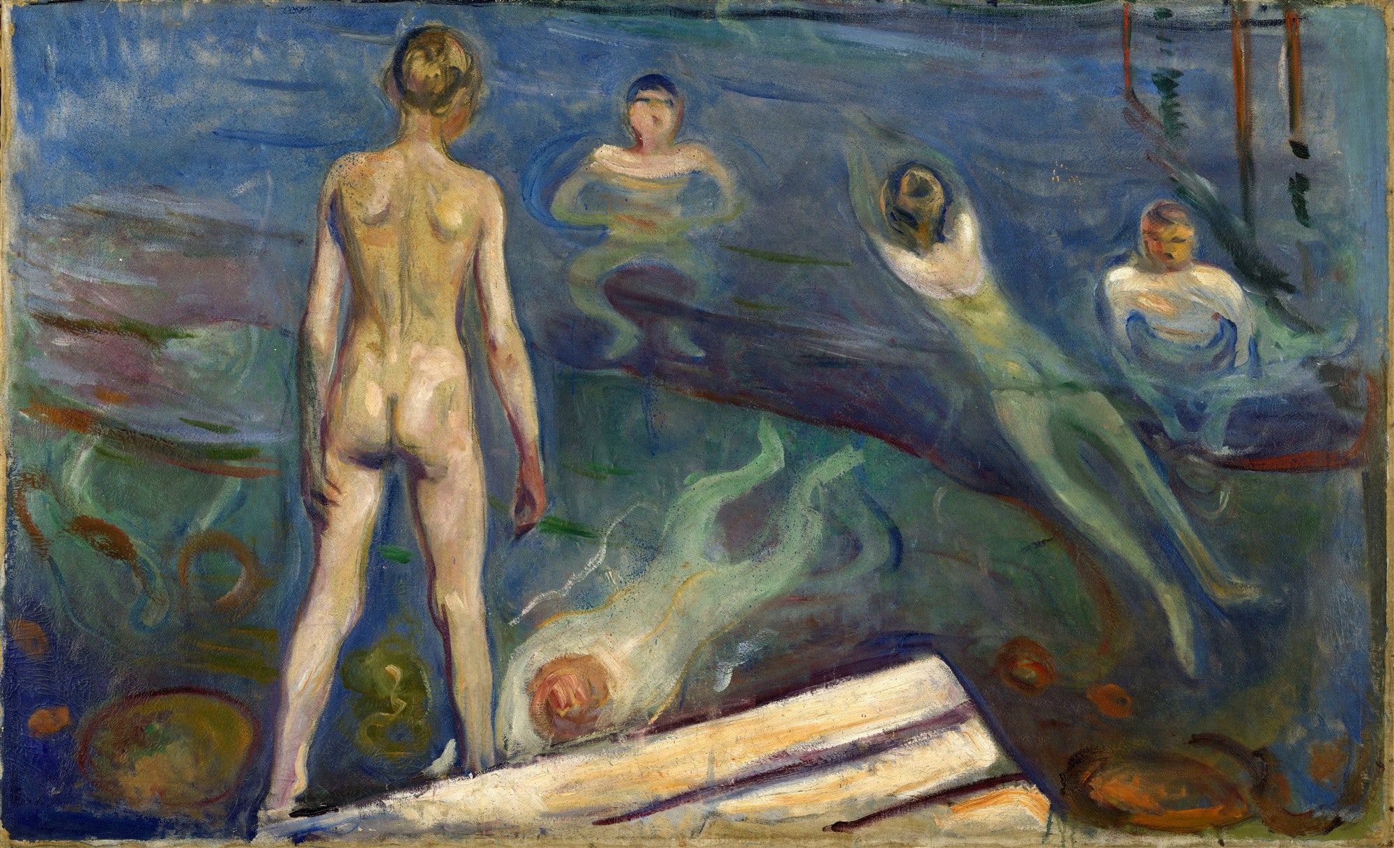 Quadro decorativo 'Banho de Mulheres' de Edvard Munch, representando figuras femininas nuas em um ambiente aquático com tons de azul e verde, e uma figura de costas no primeiro plano.