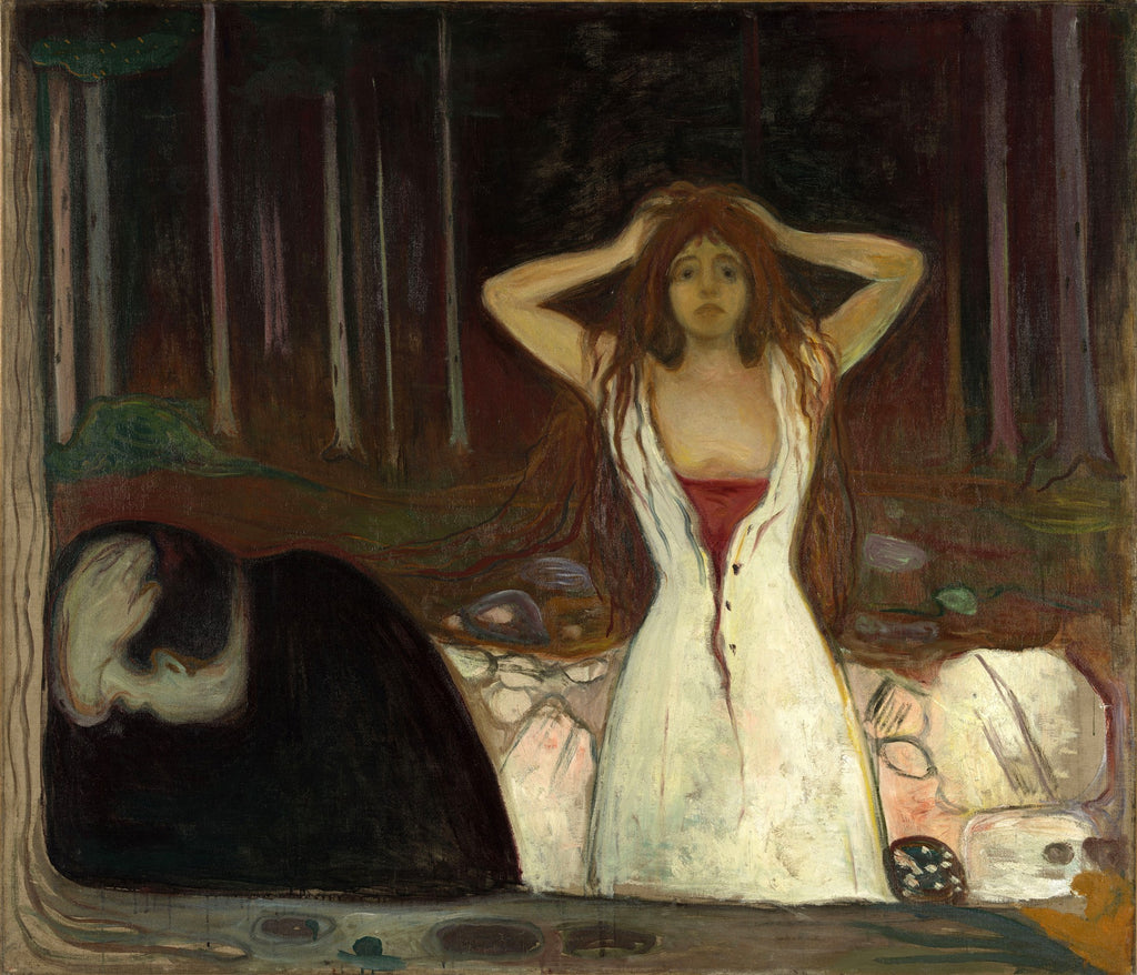 Pintura de Edvard Munch, 'A Morte na Sala da Doente', mostrando figuras em luto e desespero em um quarto sombrio.