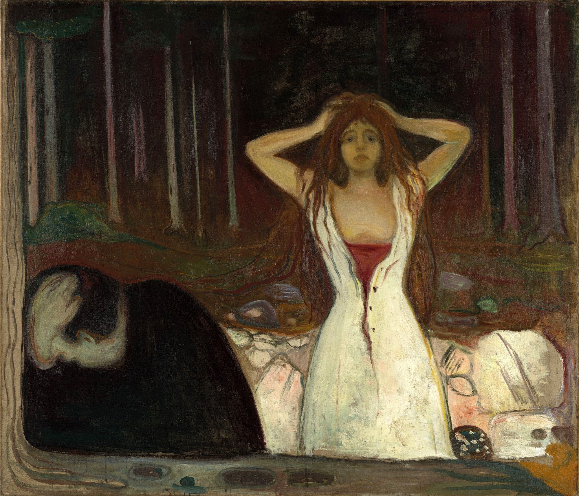 Pintura de Edvard Munch, 'A Morte na Sala da Doente', mostrando figuras em luto e desespero em um quarto sombrio.