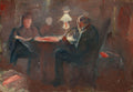 Pintura a óleo de Edvard Munch, cena noturna íntima com duas figuras sentadas à mesa sob a luz de uma lâmpada, tons de marrom, vermelho e azul escuro