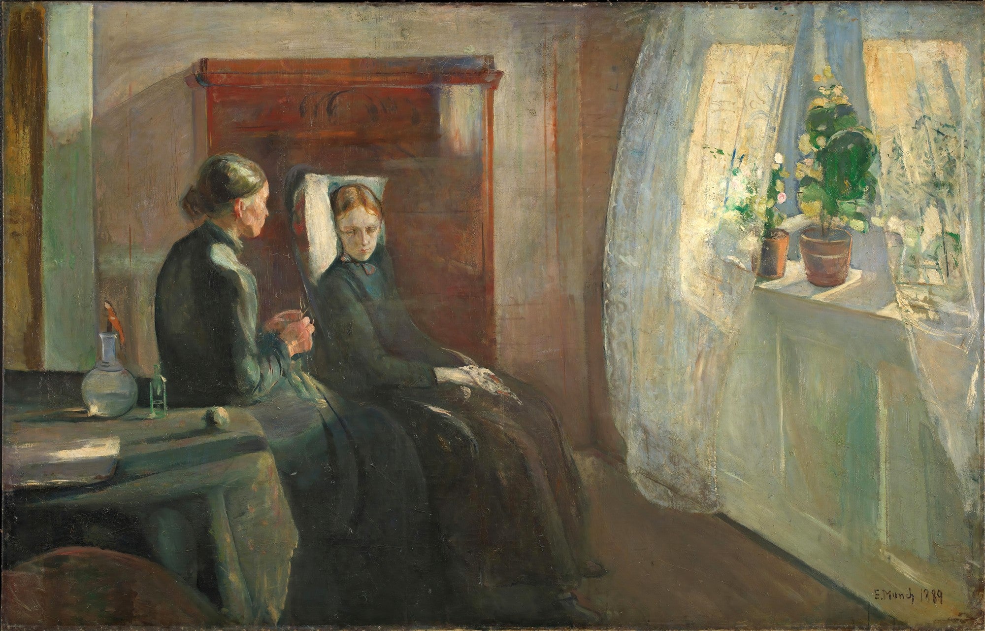 Uma pintura de Edvard Munch, 'A Doente', retratando uma mulher mais velha cuidando de uma jovem sentada, com uma janela iluminada à direita. Cores suaves e melancólicas dominam a cena.