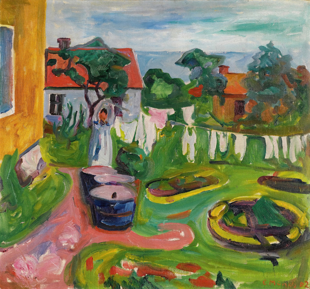 Quadro decorativo 'Jardins com Mulher Lavando' de Edvard Munch, retratando uma mulher lavando roupas em um jardim vibrante com casas e o mar ao fundo, com cores intensas e pinceladas expressivas.