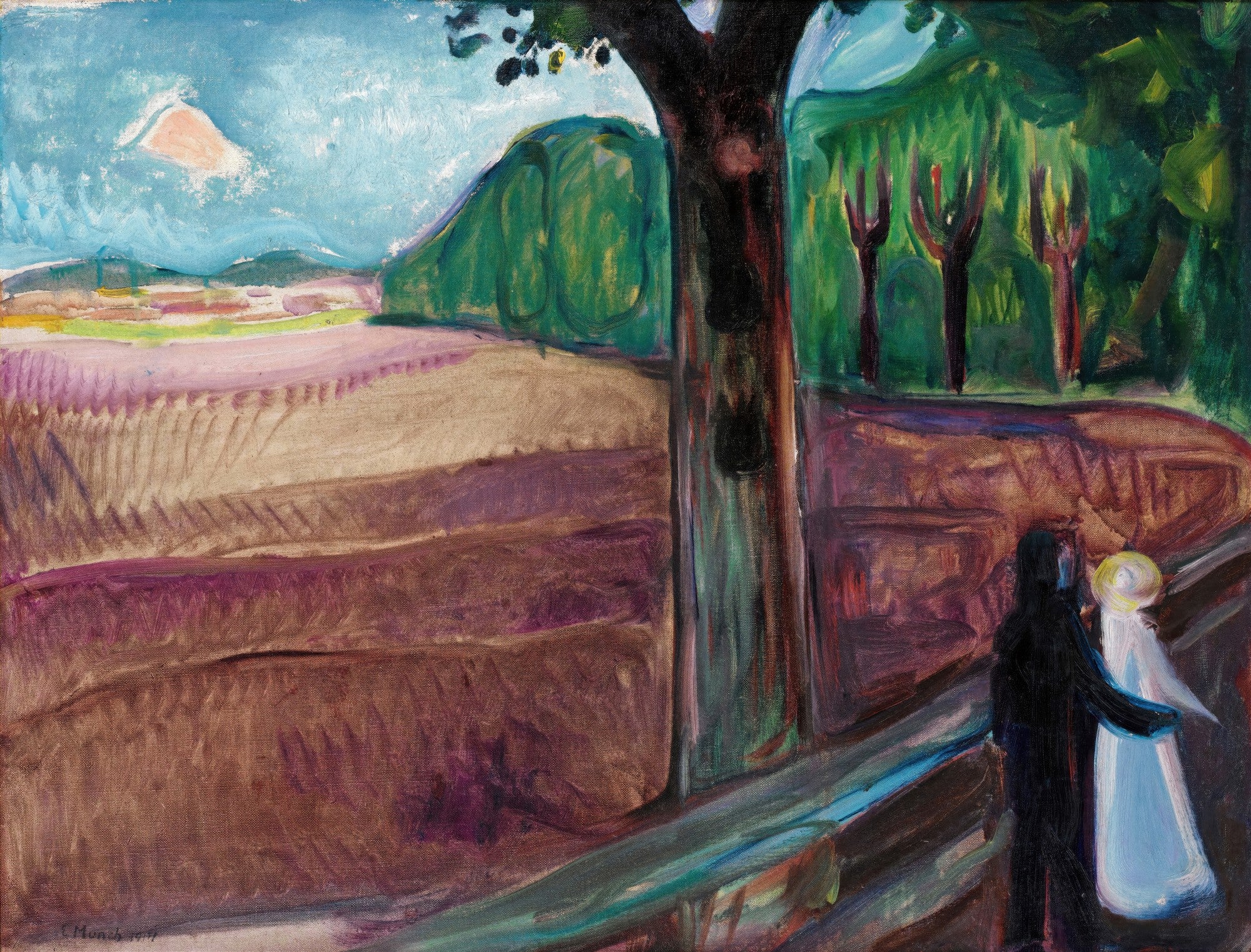 Uma pintura expressionista de Edvard Munch, "Duas Figuras na Paisagem", mostrando duas silhuetas abraçadas em primeiro plano, com uma paisagem colorida e vibrante ao fundo, dominada por tons de verde, roxo e marrom, com um céu azul.