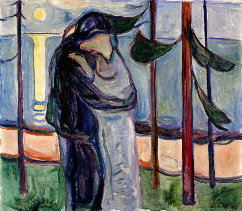 Casal se abraçando e se beijando na frente de uma janela com vista para o mar e a lua, em estilo expressionista de Edvard Munch, predominância de tons azuis, verdes e escuros
