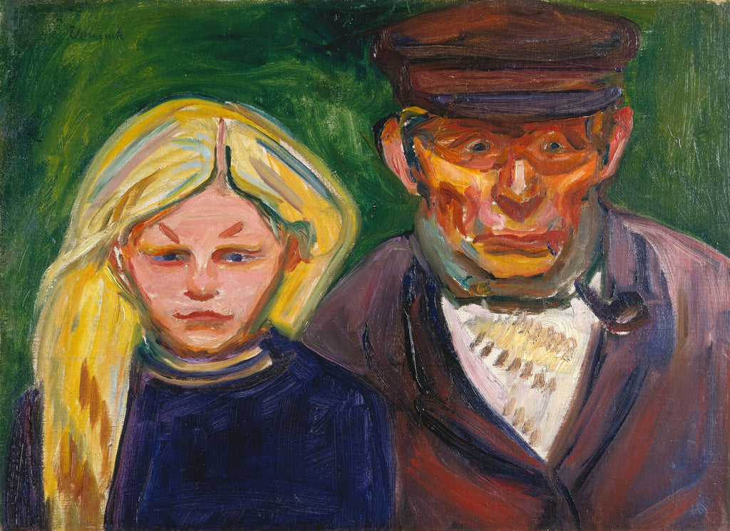 Quadro de Edvard Munch, 'Two People (The Lonely Ones)', retratando uma mulher loira e um homem com cachimbo, ambos com expressões melancólicas em um fundo verde-escuro. A pintura tem pinceladas visíveis e cores fortes, típico do Expressionismo.