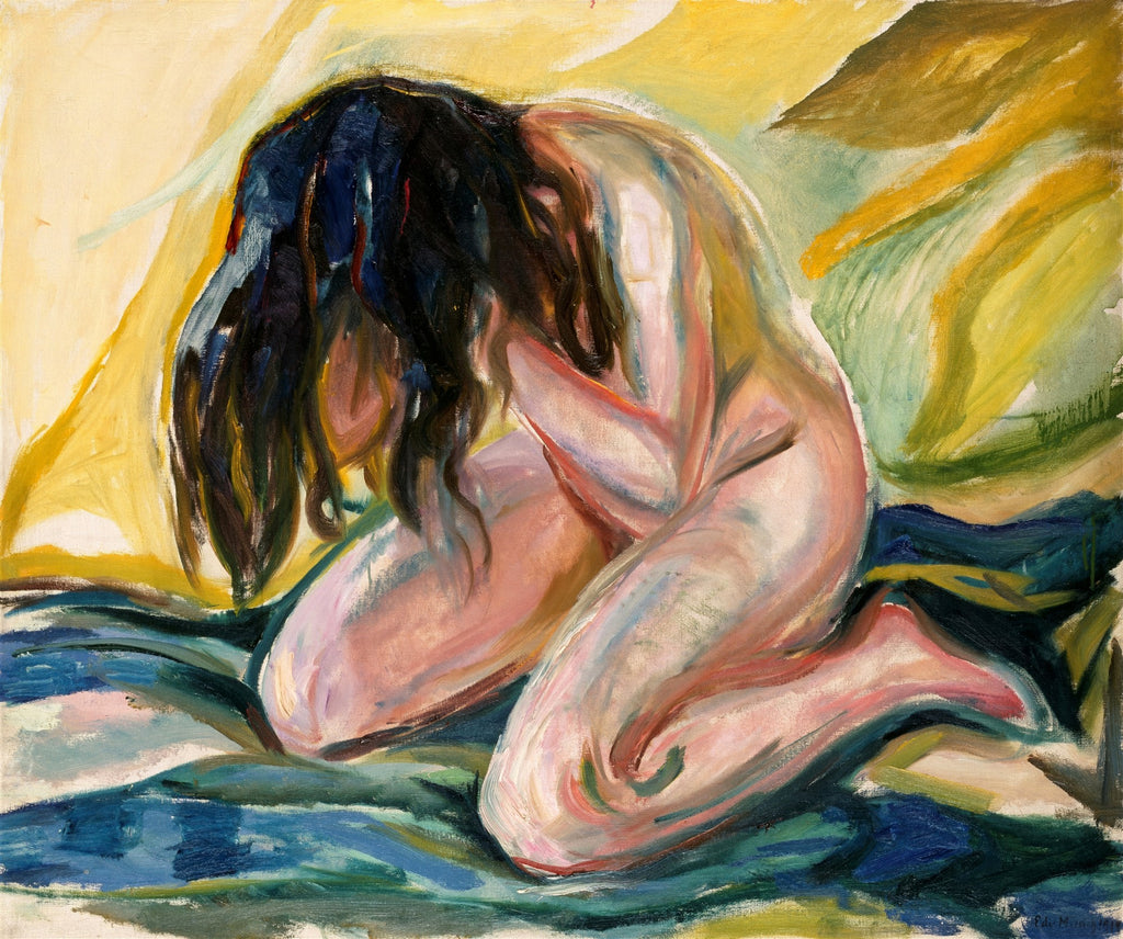 Pintura de Edvard Munch, "A Mulher Chora", mostrando uma figura feminina nua, curvada em posição de tristeza ou melancolia, com longos cabelos escuros cobrindo o rosto e o corpo em tons de rosa e ocre sobre um fundo vibrante em amarelo e azul esverdeado.
