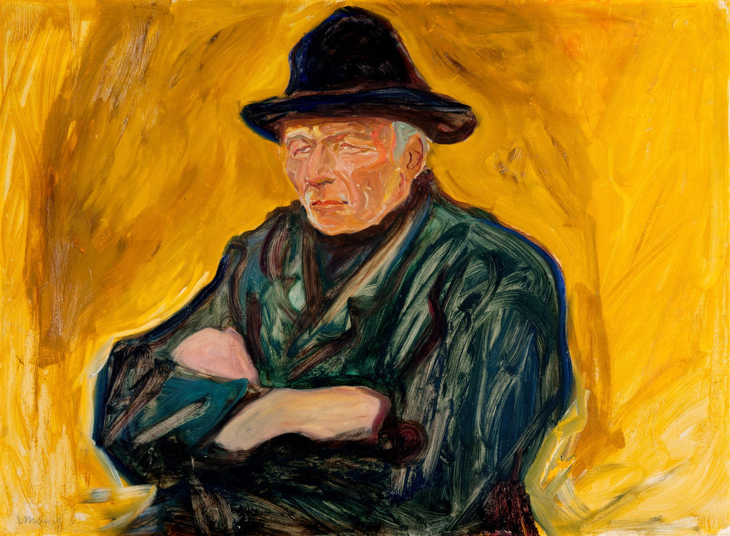 Retrato de um homem de meia-idade, com chapéu escuro e casaco verde-azulado, sobre um fundo amarelo vibrante. O rosto tem tons de pele rosados e pálidos. A obra é de Edvard Munch.