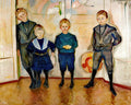Pintura de Edvard Munch, 'Os Quatro Filhos de Dr. Max Linde', retratando quatro meninos em trajes de época, com olhares pensativos e poses variadas, em um ambiente interno com cores claras e pinceladas expressivas.