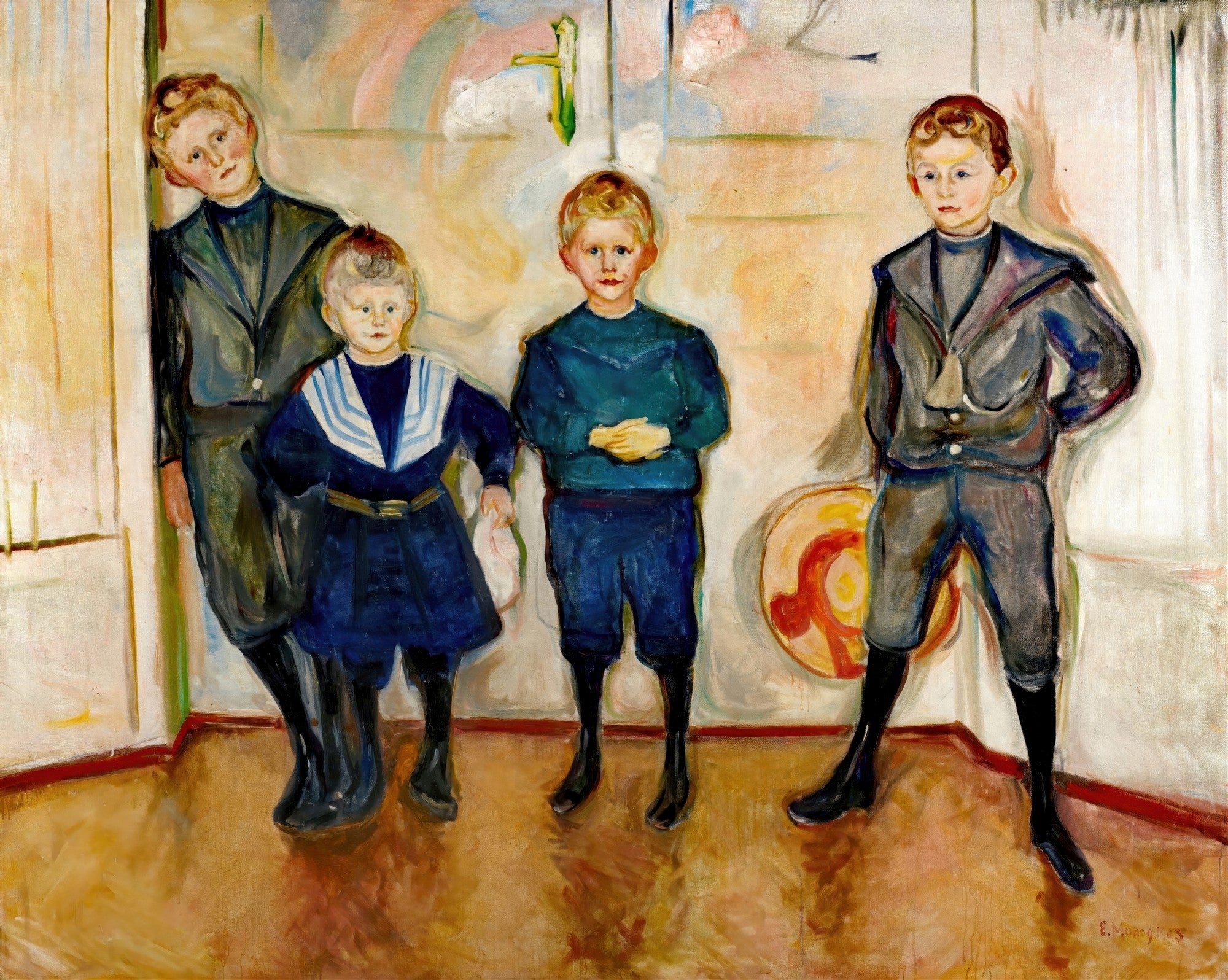 Pintura de Edvard Munch, 'Os Quatro Filhos de Dr. Max Linde', retratando quatro meninos em trajes de época, com olhares pensativos e poses variadas, em um ambiente interno com cores claras e pinceladas expressivas.