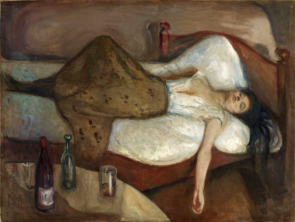 Pintura de Edvard Munch, 'A Morte de Marat II', retratando uma mulher deitada em uma cama, com um braço caído e garrafas e copos no primeiro plano, em tons terrosos e melancólicos.