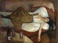 Pintura de Edvard Munch, 'A Morte de Marat II', retratando uma mulher deitada em uma cama, com um braço caído e garrafas e copos no primeiro plano, em tons terrosos e melancólicos.