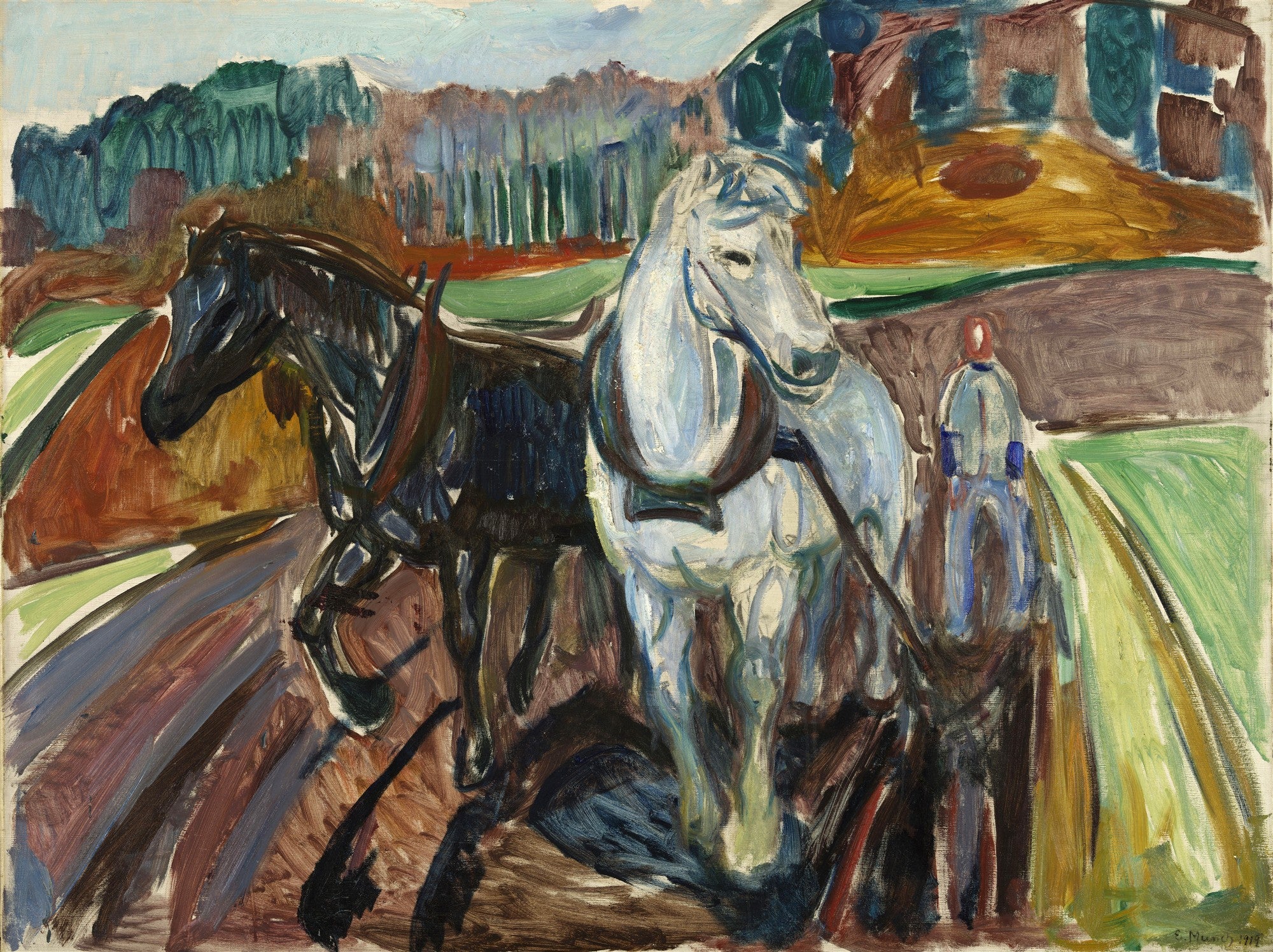 Quadro decorativo de Edvard Munch, intitulado 'Cavalos Lavrando a Terra', retratando dois cavalos, um escuro e um claro, puxando um arado em um campo, com um lavrador ao fundo. A paisagem tem árvores e colinas em tons terrosos e verdes, com pinceladas expressivas.