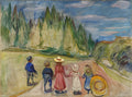 Quadro decorativo colorido de Edvard Munch, 'Crianças na Estrada', mostrando cinco crianças de costas caminhando em uma estrada de terra, com uma floresta de pinheiros verdes ao fundo e céu azul com nuvens brancas.