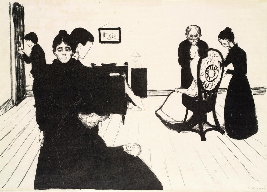 Quadro decorativo em preto e branco de Edvard Munch, intitulado 'A Família', mostrando figuras humanas em um ambiente doméstico. A litografia apresenta contrastes fortes e linhas expressivas.