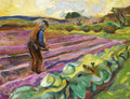 Quadro decorativo mostrando um lavrador em um campo com tons de roxo, verde e amarelo, estilo expressivo, obra atribuída a Edvard Munch