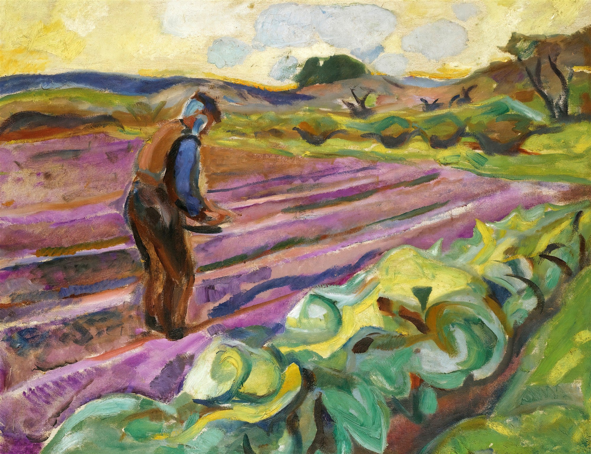 Quadro decorativo mostrando um lavrador em um campo com tons de roxo, verde e amarelo, estilo expressivo, obra atribuída a Edvard Munch