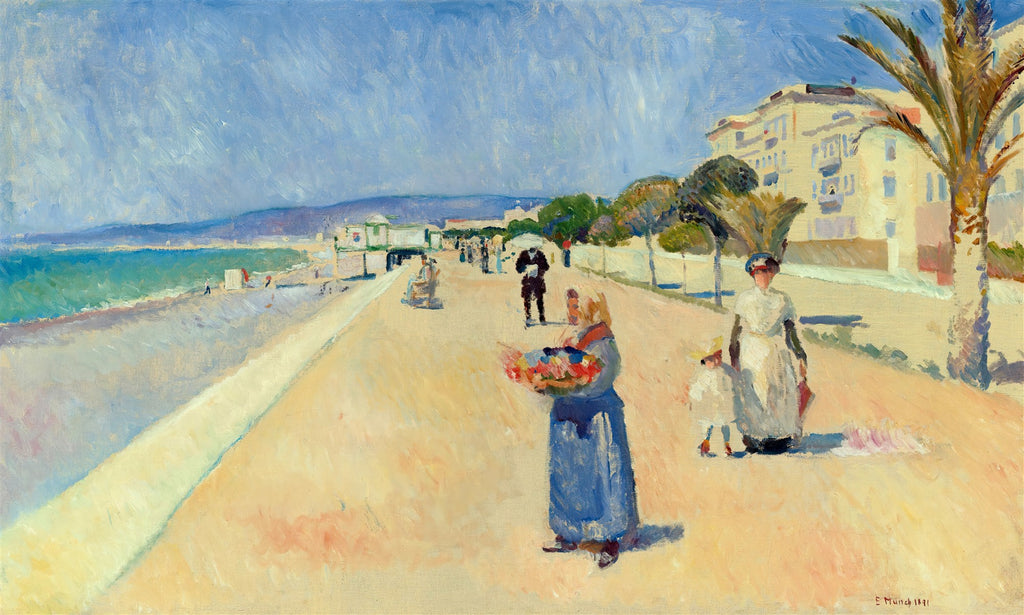 Pintura a óleo de Edvard Munch, 'Nice, Promenade des Anglais', retratando pessoas caminhando em um calçadão ensolarado à beira-mar, com palmeiras e edifícios ao fundo.