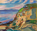 Pintura de Edvard Munch mostrando um casal nu sentado em uma encosta rochosa perto do mar, sob um céu azul e rosa.