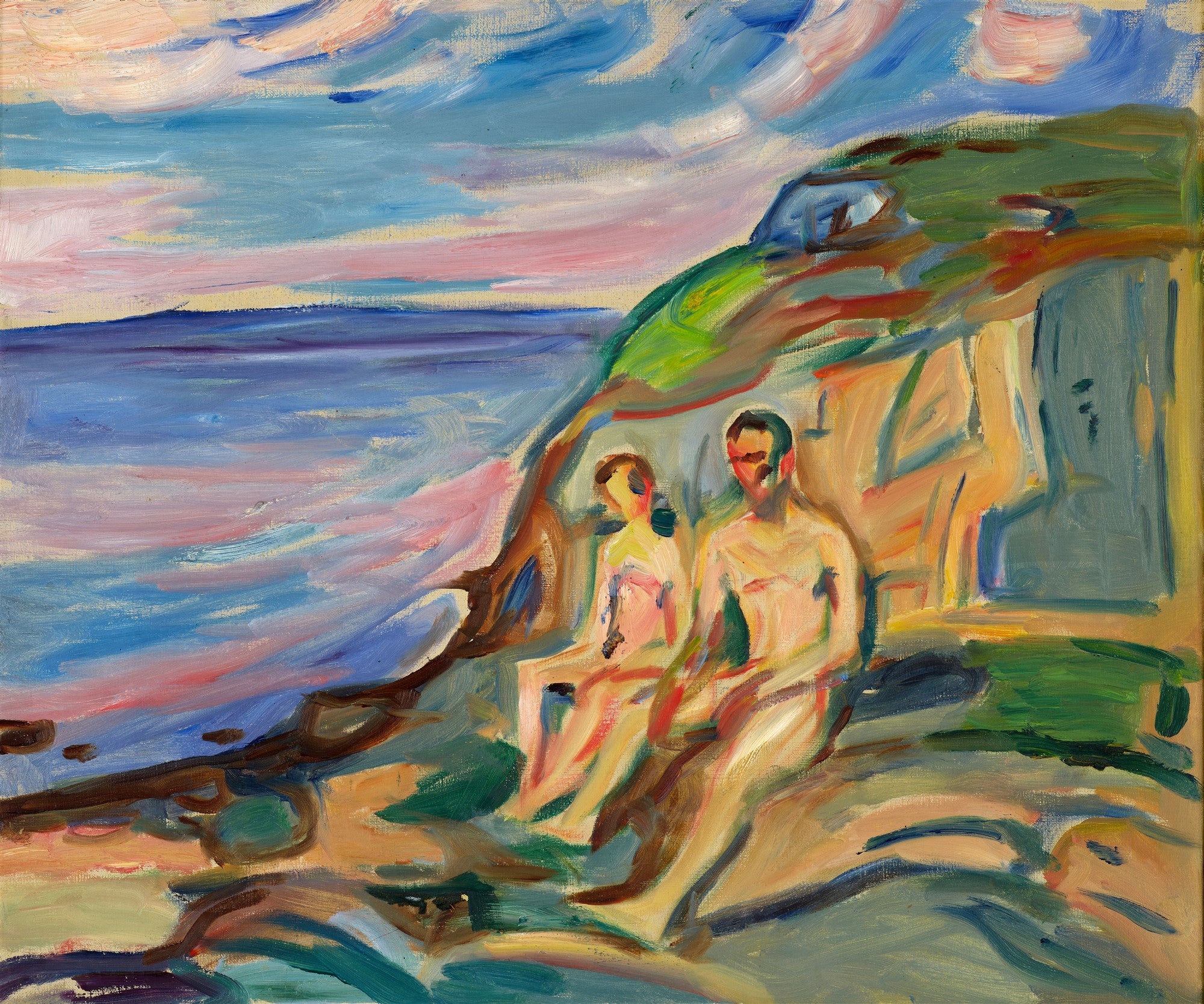 Pintura de Edvard Munch mostrando um casal nu sentado em uma encosta rochosa perto do mar, sob um céu azul e rosa.