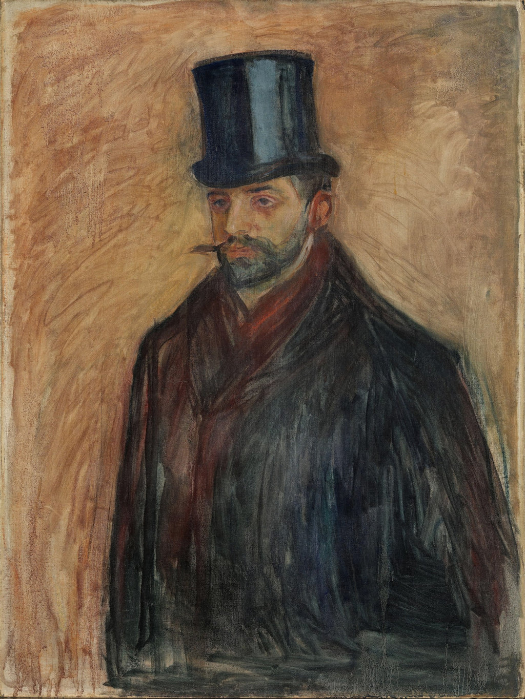 Pintura a óleo de um homem de barba e bigode, usando cartola preta e casaco escuro, com um cachimbo na boca. O fundo é em tons de marrom e bege.