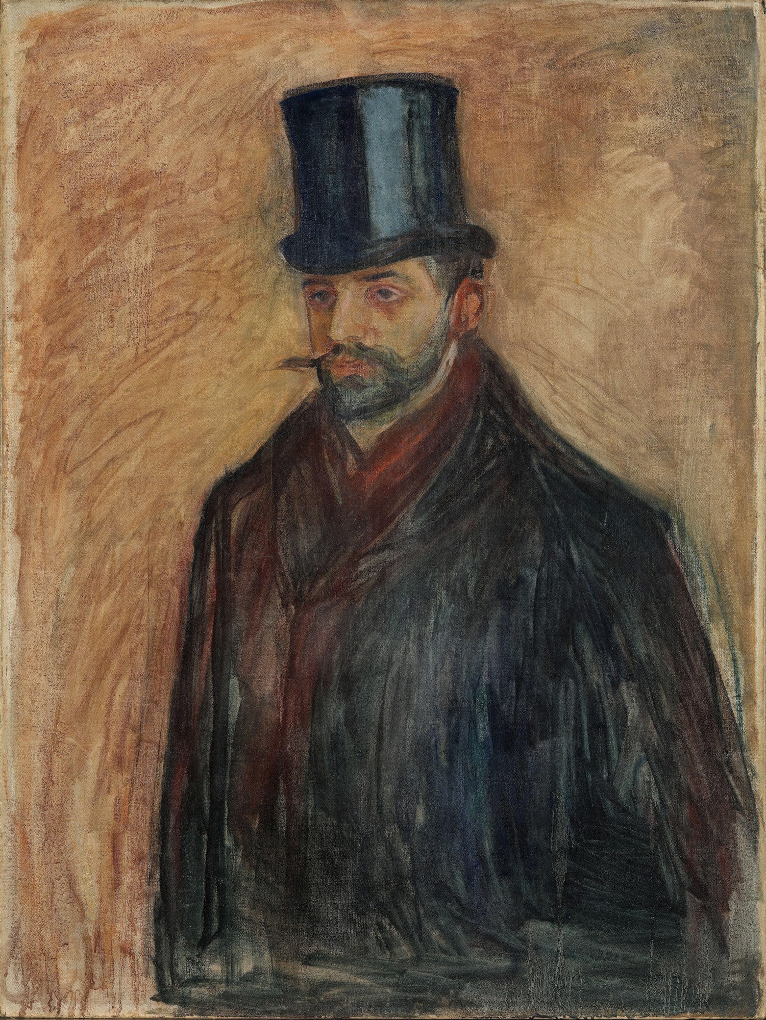Pintura a óleo de um homem de barba e bigode, usando cartola preta e casaco escuro, com um cachimbo na boca. O fundo é em tons de marrom e bege.