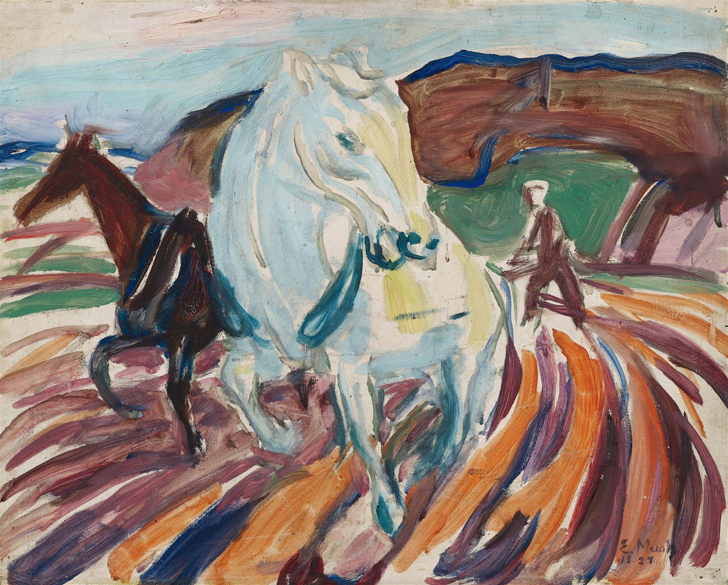 Quadro decorativo com pintura de Edvard Munch, "Cavalos Selvagens", retratando dois cavalos, um branco e outro marrom escuro, em movimento, com uma figura humana ao fundo, em estilo expressionista com pinceladas visíveis e cores vibrantes.