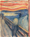 Quadro decorativo "O Grito" de Edvard Munch, retratando uma figura angustiada em uma ponte sob um céu vermelho-alaranjado e um fiorde azul-escuro