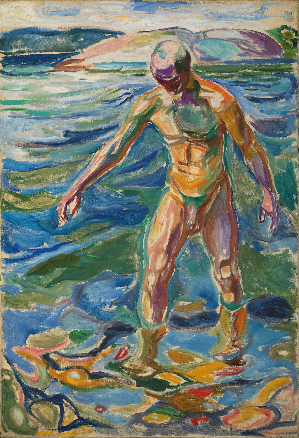 Pintura de Edvard Munch, "Homem na Água", retratando uma figura masculina nua e estilizada em tons de azul, verde e laranja, imersa em água. O estilo é expressionista, com pinceladas visíveis e cores vibrantes, criando uma atmosfera de introspecção e conexão com a natureza.