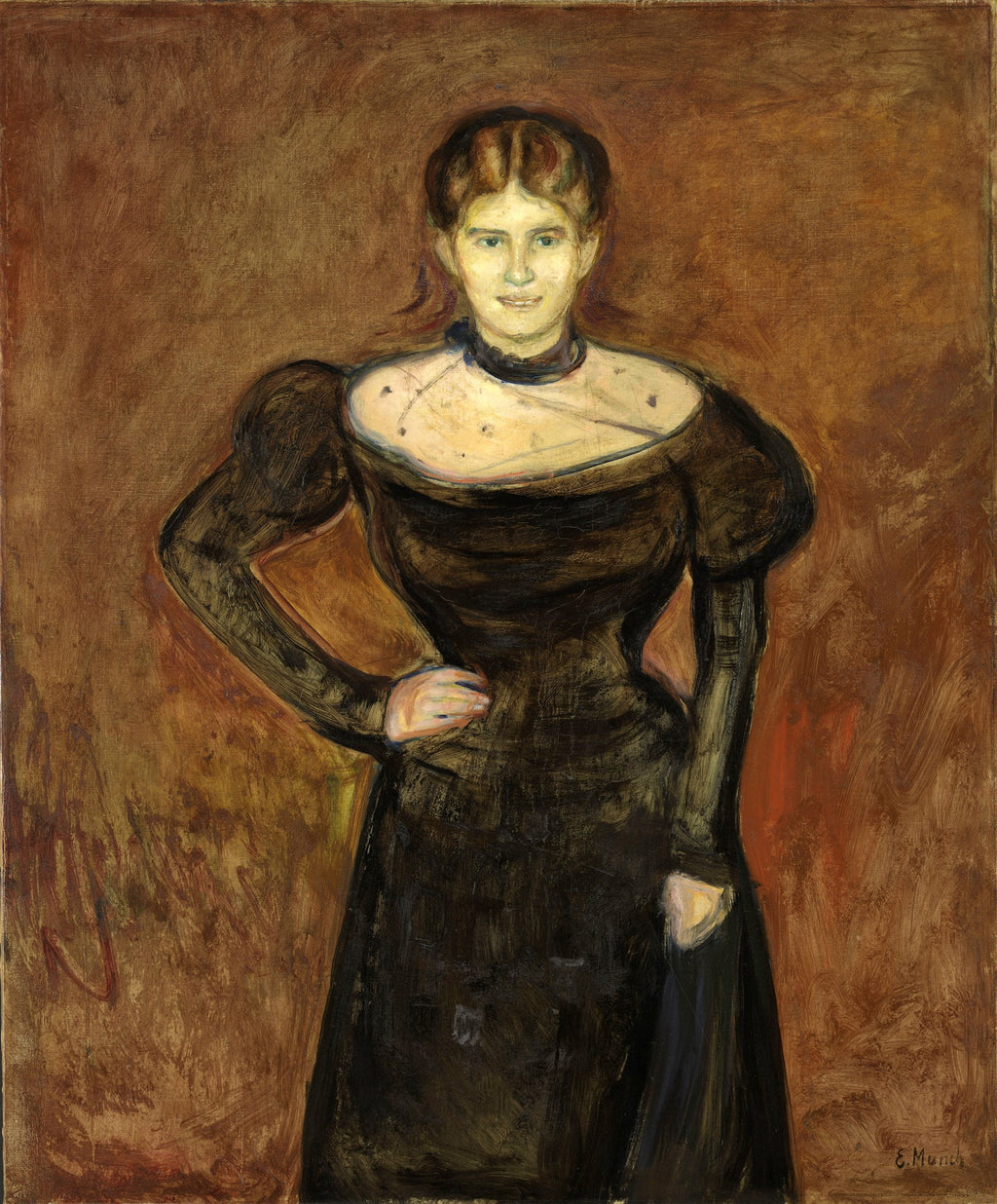 Retrato de uma mulher em vestido escuro, com cabelo castanho e expressão séria, pintada em estilo expressionista por Edvard Munch. Fundo marrom.