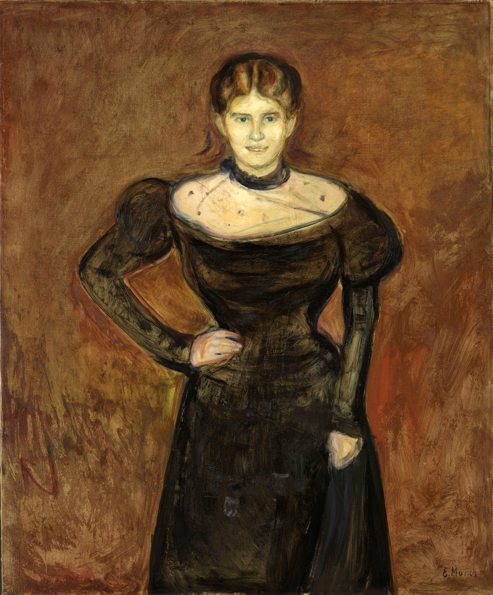 Retrato de uma mulher em vestido escuro, com cabelo castanho e expressão séria, pintada em estilo expressionista por Edvard Munch. Fundo marrom.
