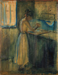 Quadro decorativo "A Lavadeira" de Edvard Munch, retratando uma figura feminina curvada sobre uma bacia, com tons de azul, dourado e marrom.