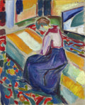 Pintura de Edvard Munch, 'A Mesa de Costura', mostrando uma mulher sentada em uma cadeira de costas para o observador, com uma mesa listrada à sua frente, em um ambiente interno com cores vibrantes e pinceladas expressivas.