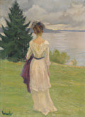 Mulher de costas em vestido creme, olhando para um lago com montanhas distantes e um pinheiro à esquerda, obra de Edward Cucuel.