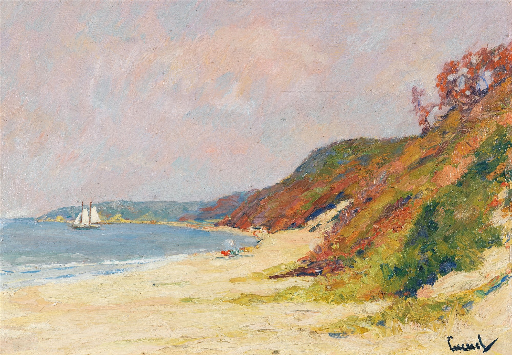 Quadro decorativo com pintura de praia ensolarada, um barco a vela no mar azul-turquesa e falésias verdes e avermelhadas à direita.