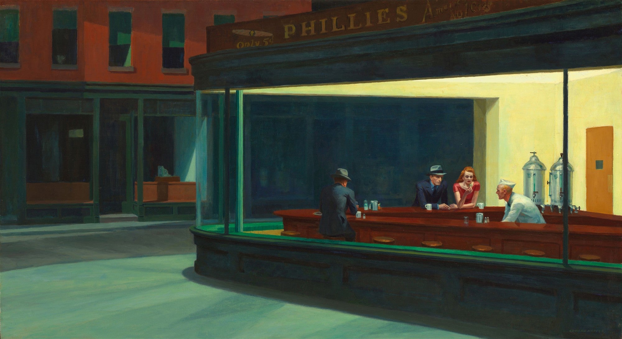 Uma pintura a óleo de Edward Hopper, 'Nighthawks', retratando quatro pessoas dentro de uma lanchonete iluminada à noite, vista da rua escura.