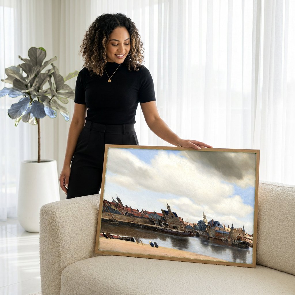 Quadro Decorativo Vista de Delft - Vermeer com modelo em ambiente