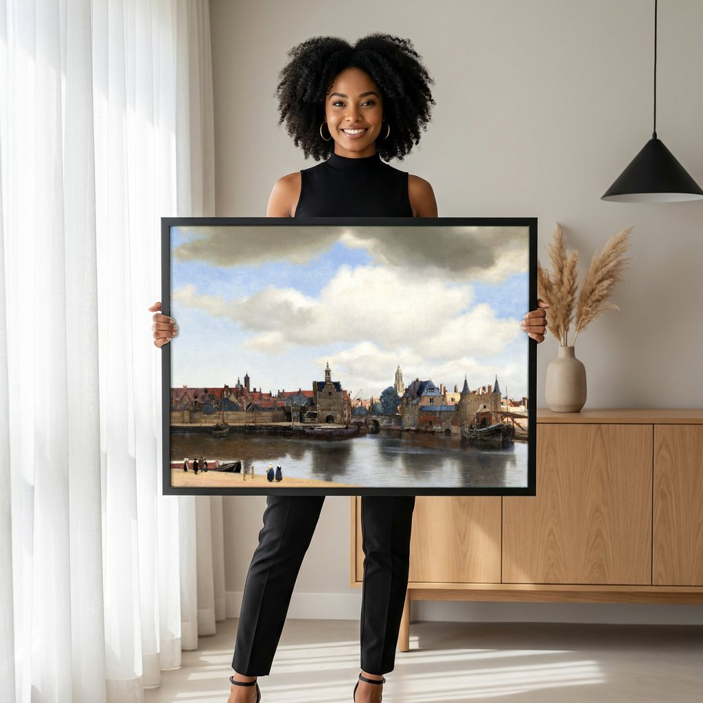 Quadro Decorativo Vista de Delft - Vermeer com modelo em ambiente